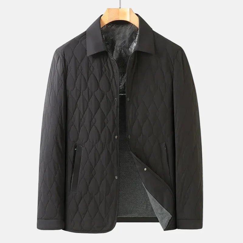Rovelli black quilted men's jacket with collar, front zip, and diamond pattern design