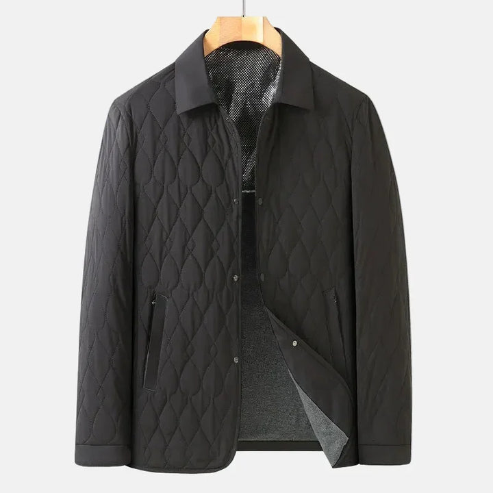 Rovelli black quilted men's jacket with collar, front zip, and diamond pattern design