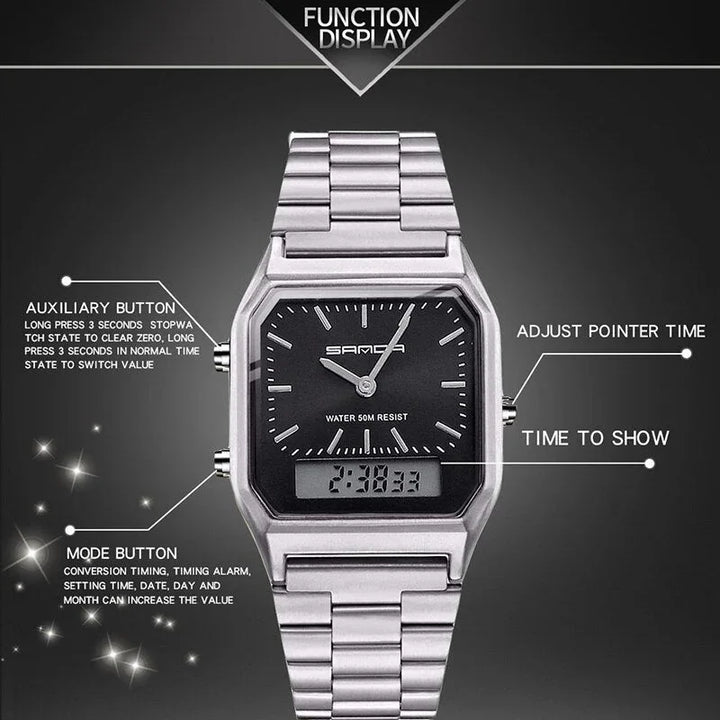 A silver dual display wristwatch is shown with labeled features: auxiliary button, mode button, adjust pointer time, and time to show. The black watch face has analog hands and a small digital display—a stylish waterproof sports watch.
