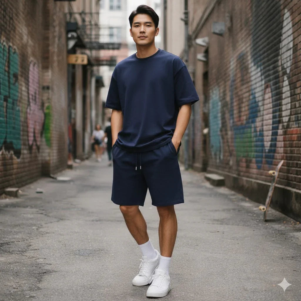 Man in Rovelli blue sportswear set with shorts and T-shirt in urban alley, streetwear style