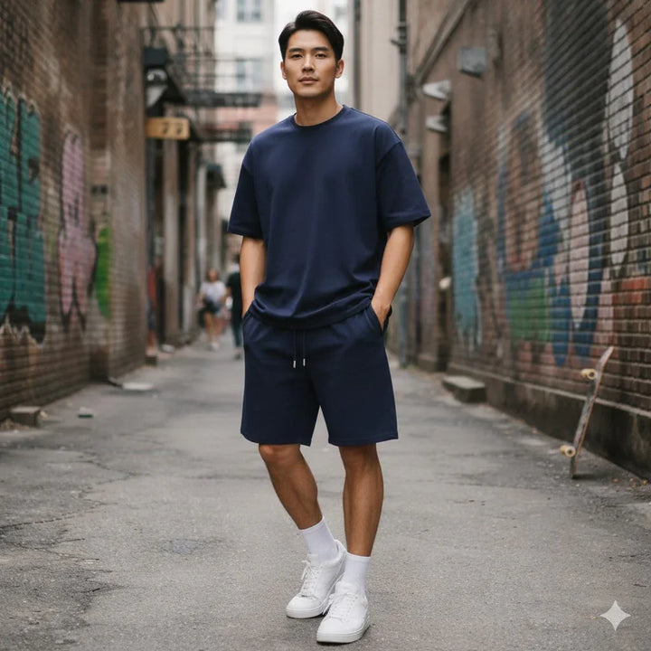 Man in Rovelli blue sportswear set with shorts and T-shirt in urban alley, streetwear style
