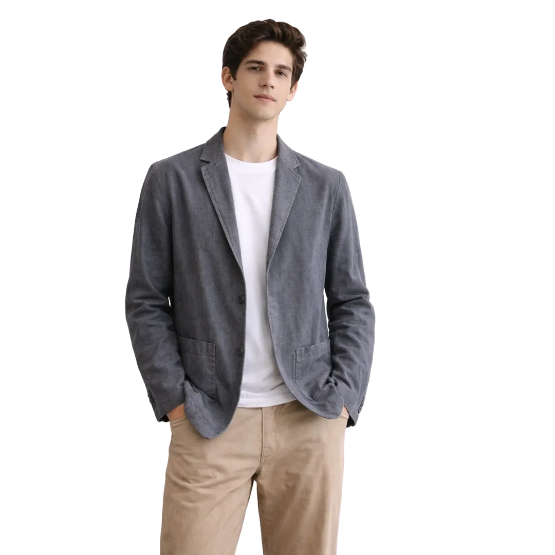 Man wearing Rovelli gray summer blazer with white shirt and beige pants on black background