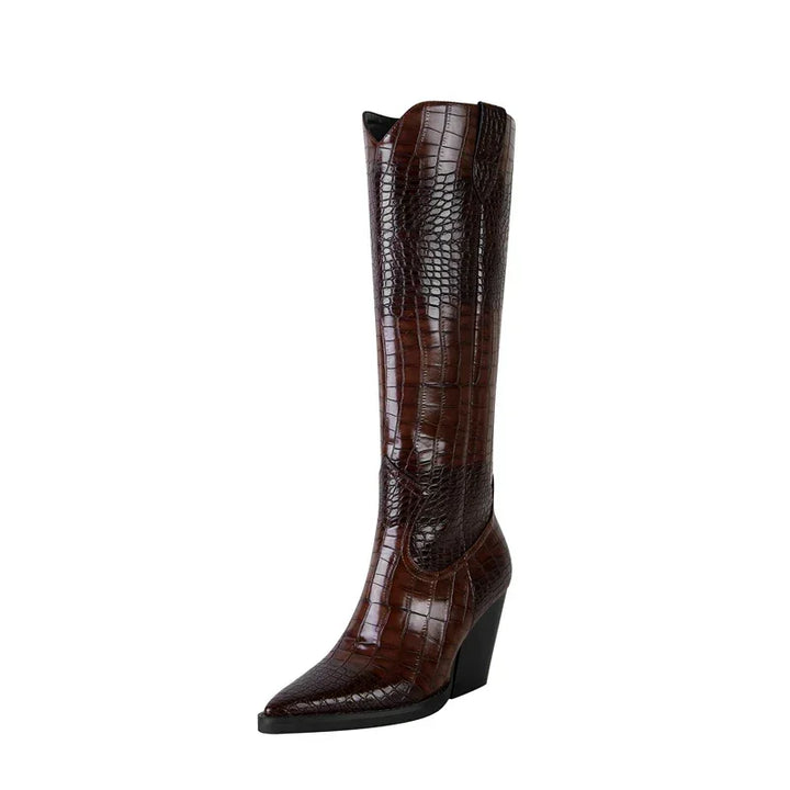 Rovelli brown crocodile-embossed knee-high western boot with pointed toe