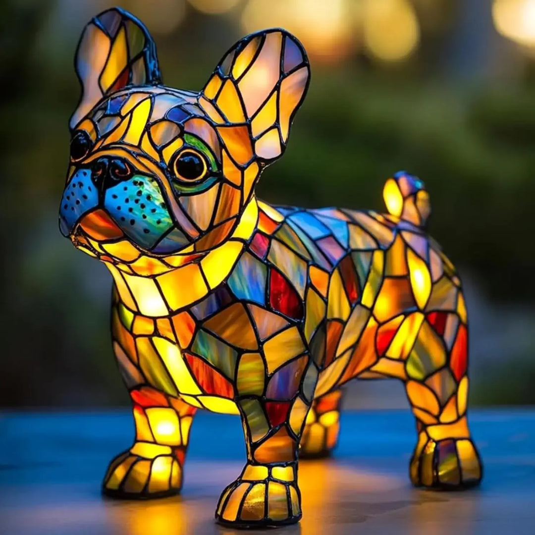 Colorful stained glass French bulldog lamp glowing, Rovelli home decor accent piece