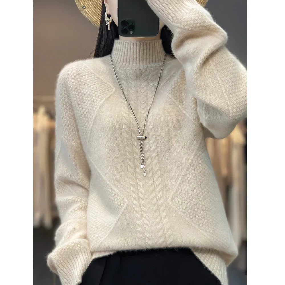 Rovelli woman wearing cream knit sweater with textured pattern and silver necklace