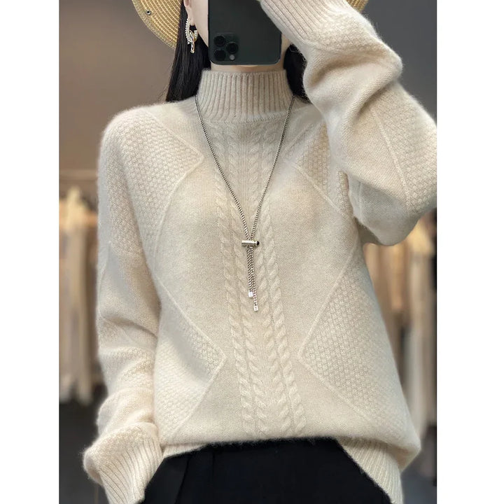 Rovelli woman wearing cream knit sweater with textured pattern and silver necklace