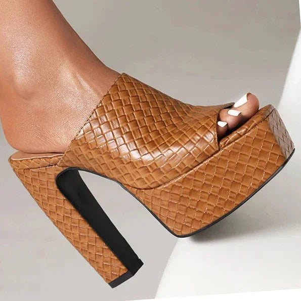 Rovelli brown woven platform mule sandal with chunky high heel on foot