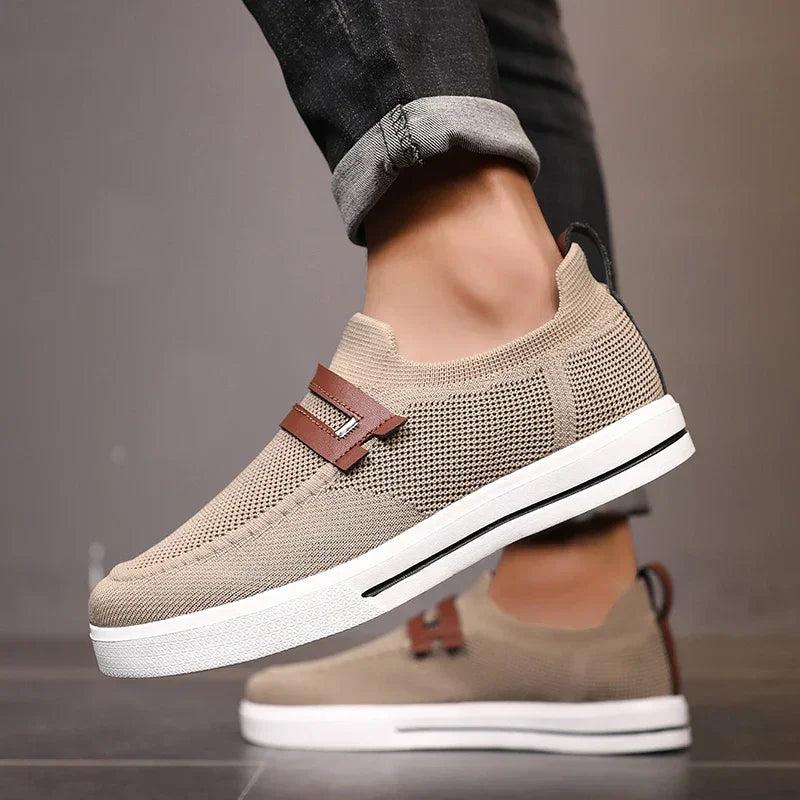 Rovelli beige casual mesh slip-on sneakers with white sole and brown strap detail