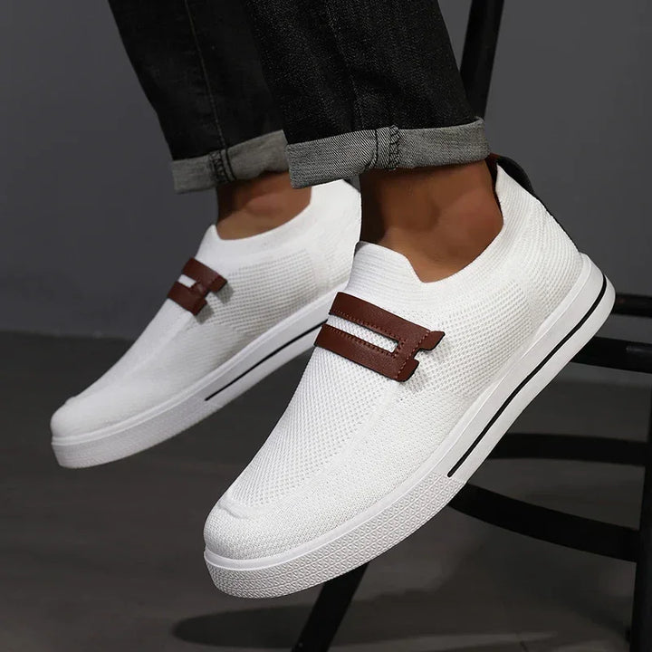 Rovelli white knit slip-on sneakers with brown accents and black stripe, casual style