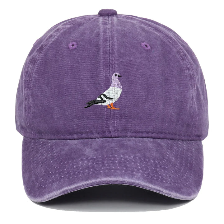Purple Rovelli cap with embroidered pigeon design on front