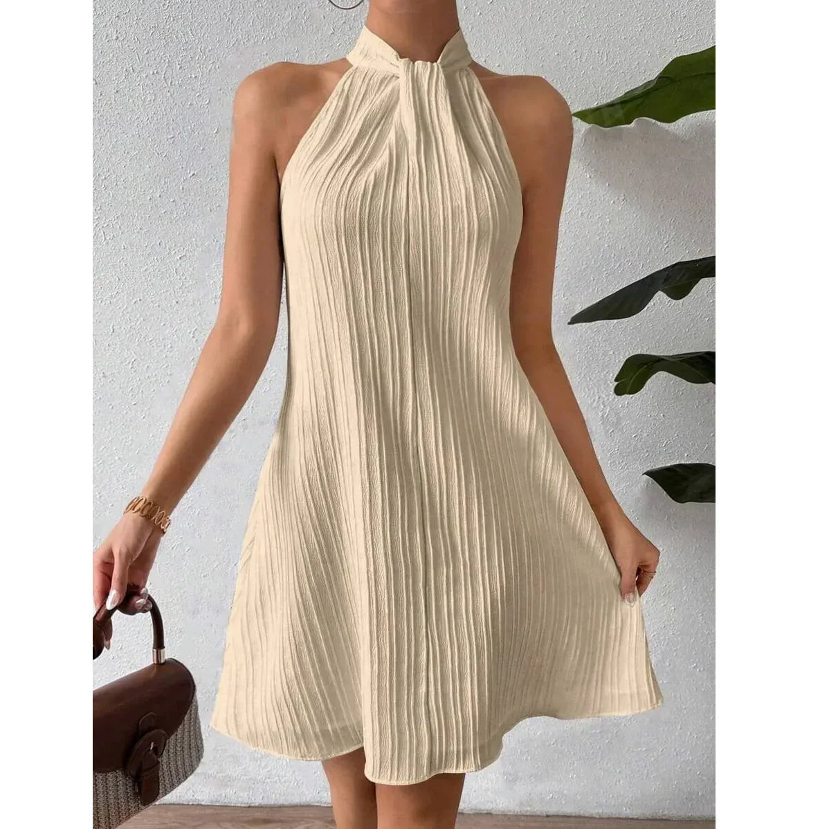Rovelli beige halter neck pleated mini dress, sleeveless, casual summer style