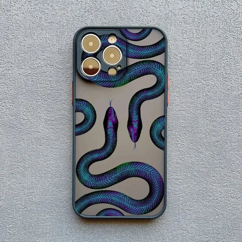 Rovelli phone case with blue and purple snake design on textured gray surface
