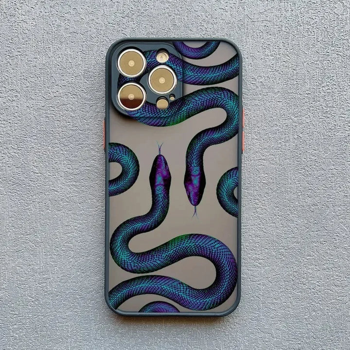 Rovelli phone case with blue and purple snake design on textured gray surface