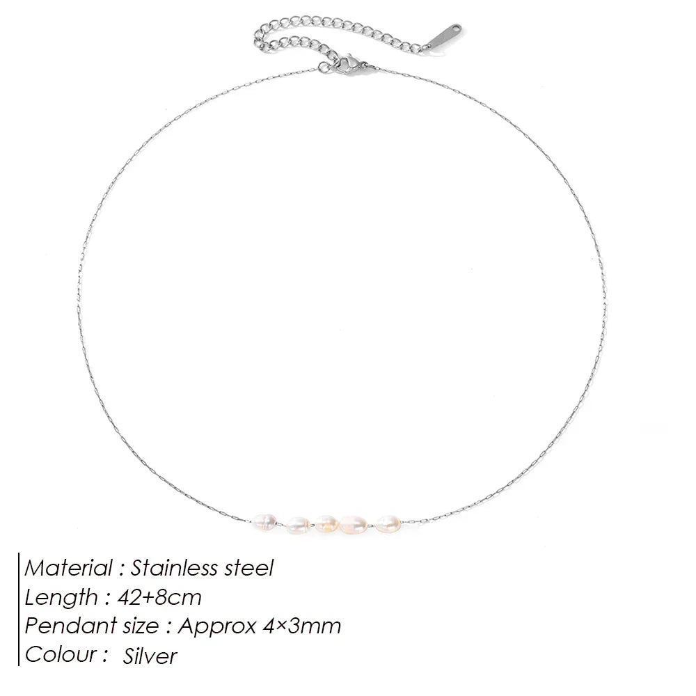 Rovelli silver necklace with five small pearls on stainless steel chain, minimalist jewelry
