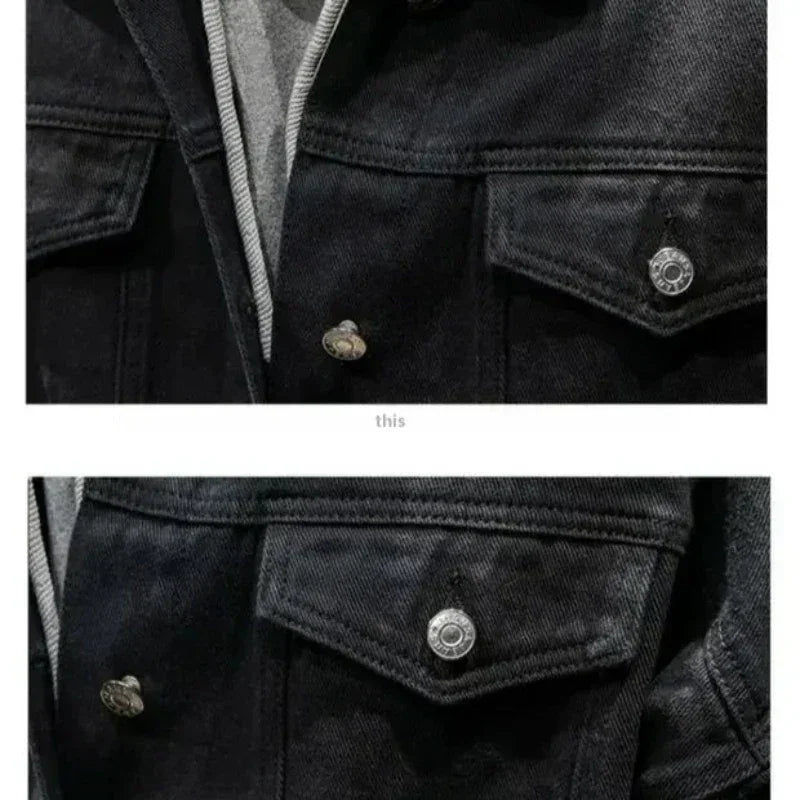 Close-up of a premium denim black jacket with silver buttons, focusing on the chest pockets and button-down details. A gray hoodie is partially visible underneath, adding to the relaxed silhouette.