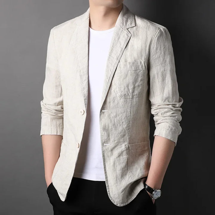 Rovelli beige linen blazer for men, casual style, worn with white t-shirt and black pants