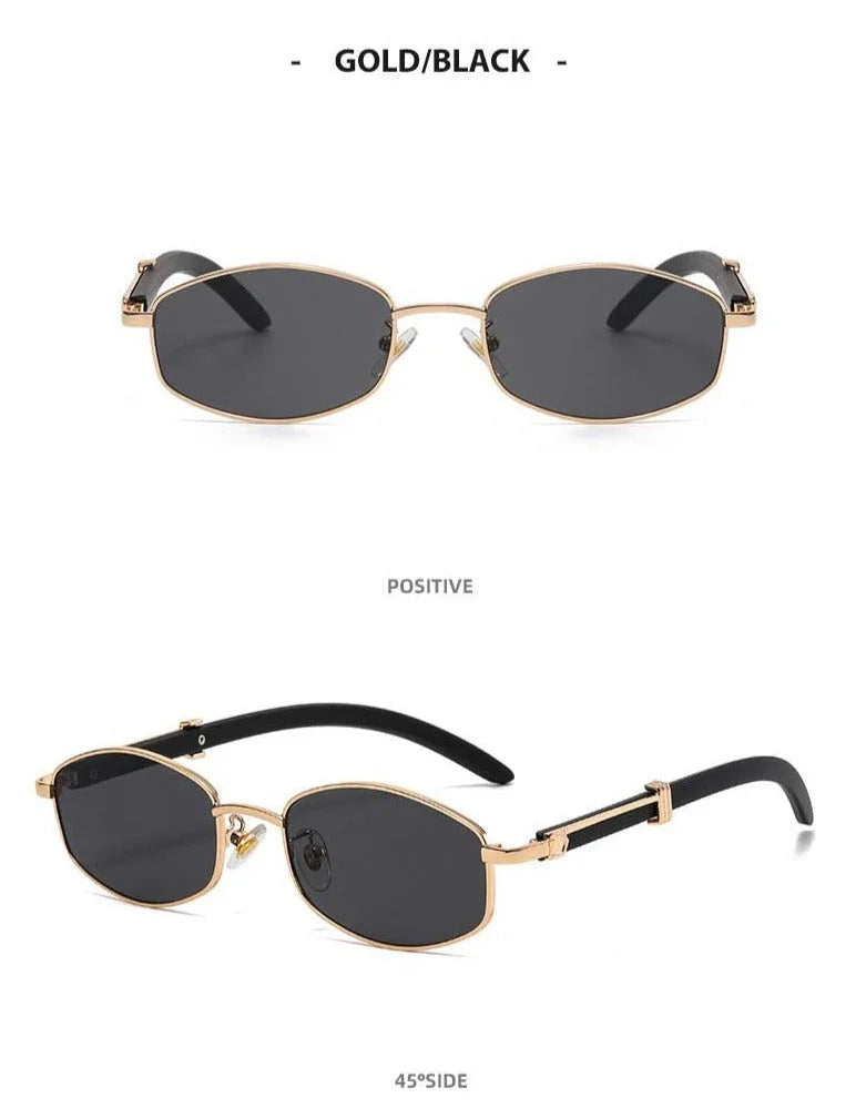 Two views of vintage-inspired sunglasses: the top image shows a front view, and the bottom reveals a 45-degree side angle, highlighting gold-tone frames and black arms—perfectly stylish with essential UV400 protection.