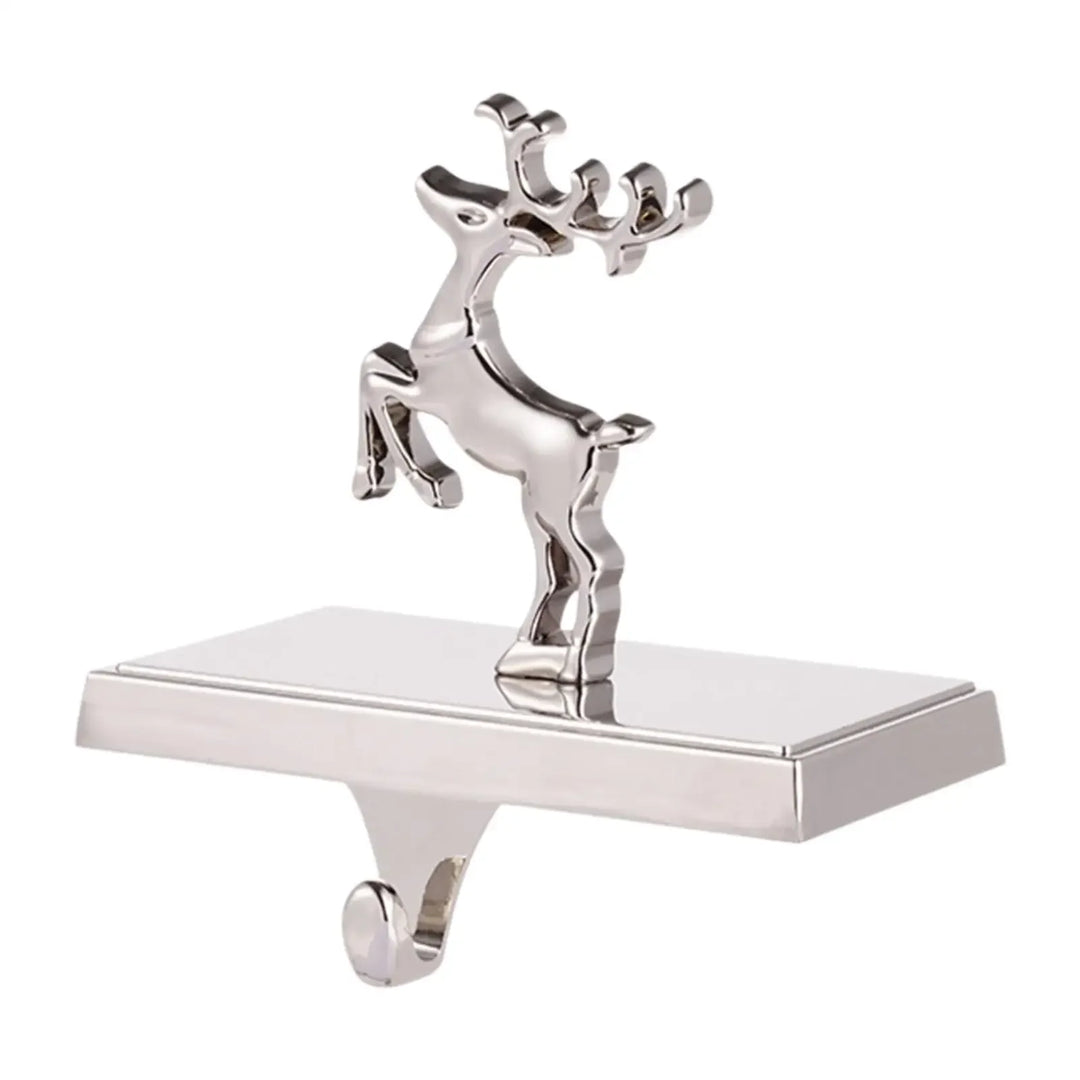 Silver reindeer stocking holder on white background, decorative Rovelli holiday decor