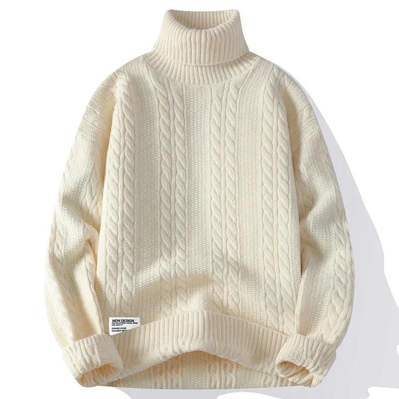 Rovelli cream cable knit turtleneck sweater with ribbed cuffs and textured pattern