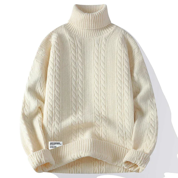 Rovelli cream cable knit turtleneck sweater with ribbed cuffs and textured pattern