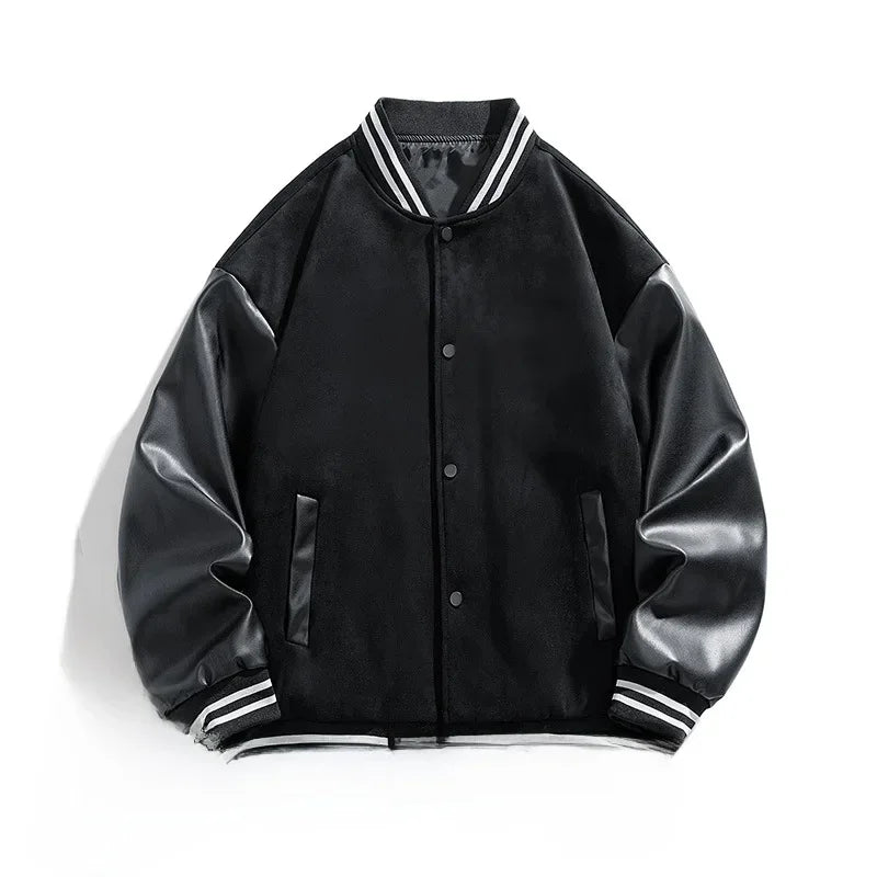 Rovelli black varsity jacket with faux leather sleeves and striped collar on white background