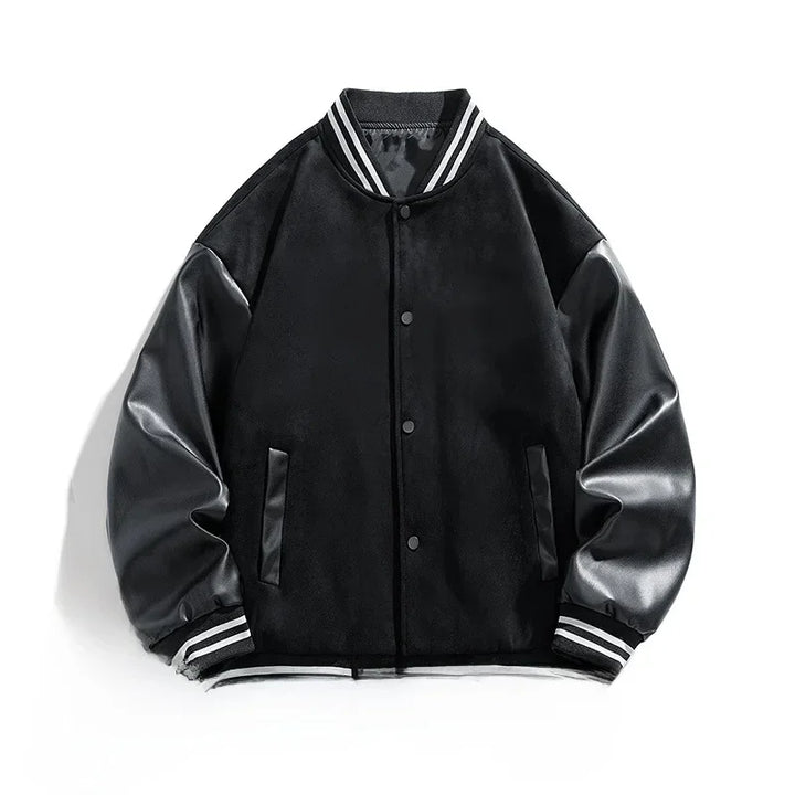 Rovelli black varsity jacket with faux leather sleeves and striped collar on white background