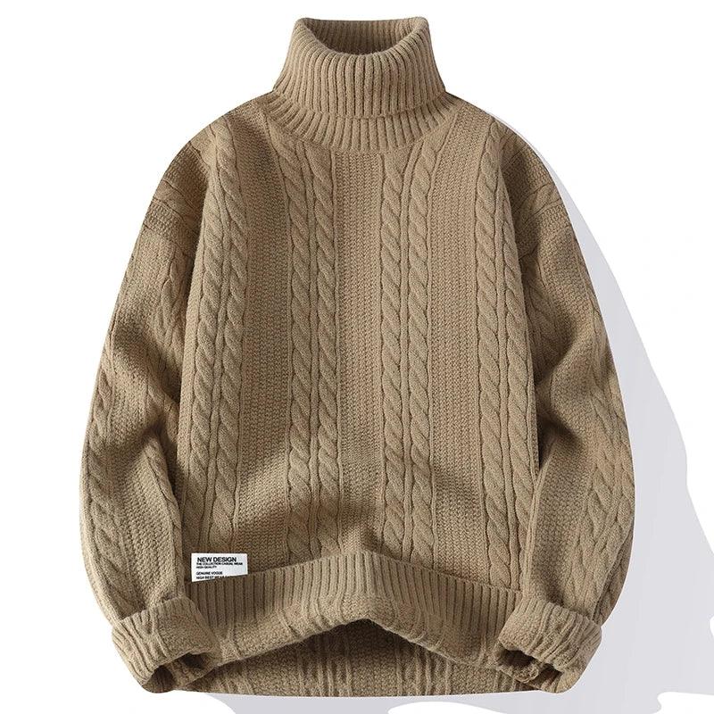 Rovelli beige cable knit turtleneck sweater with ribbed cuffs and hem