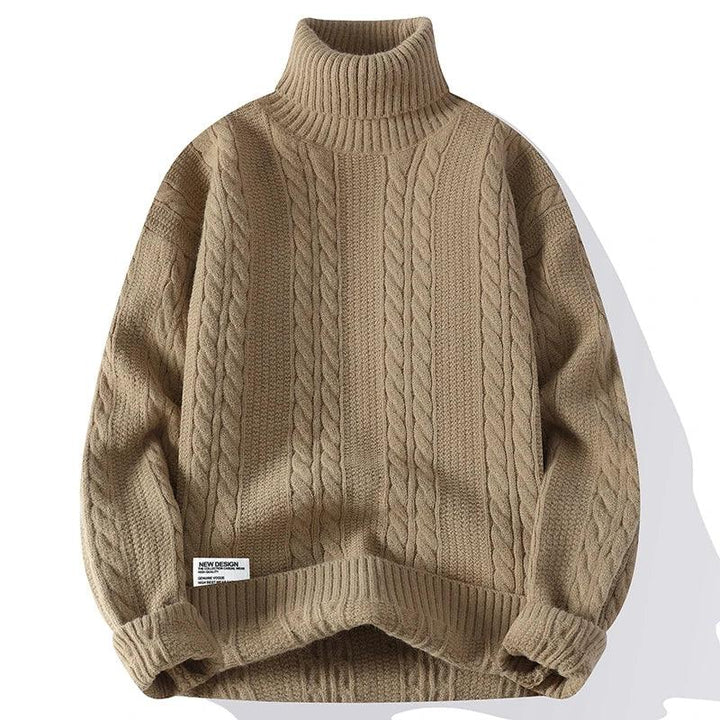 Rovelli beige cable knit turtleneck sweater with ribbed cuffs and hem