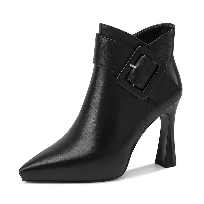 Rovelli black heeled ankle boot with buckle, pointed toe, and smooth leather finish