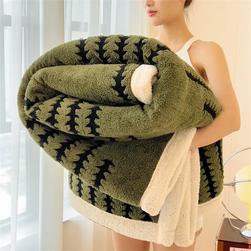 Woman holding large green and black sherpa blanket near window, Rovelli home decor.