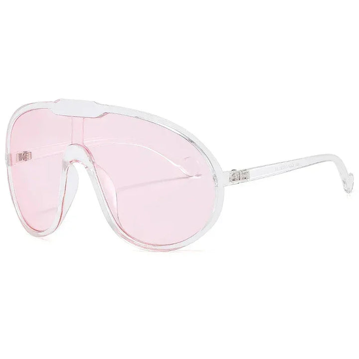 Clear-framed oversized sunglasses with a single large pink-tinted lens offer UV400 protection, featuring a curved shield design and thin, transparent arms—perfect for stylish outdoor activities.