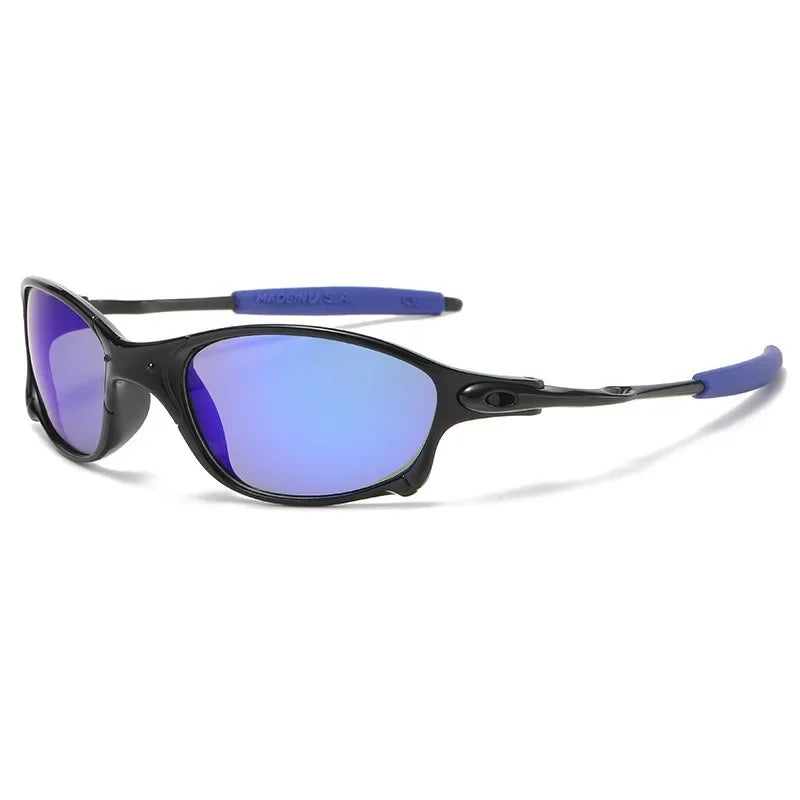 A pair of black cycling sunglasses with a rectangular frame, blue mirrored lenses, blue rubber temple tips, and UV400 protection, displayed on a white background.