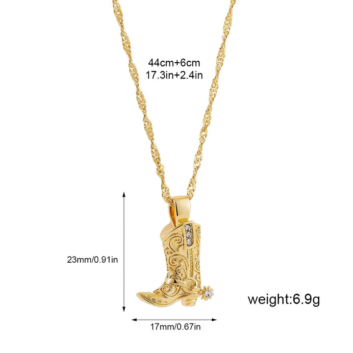 Gold cowboy boot pendant necklace with gemstone details, chain length and size shown, Rovelli jewelry