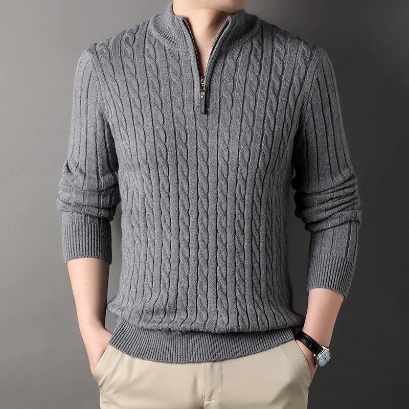 Rovelli men's gray cable knit half-zip sweater with long sleeves, modern casual style