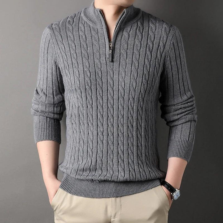 Rovelli men's gray cable knit half-zip sweater with long sleeves, modern casual style
