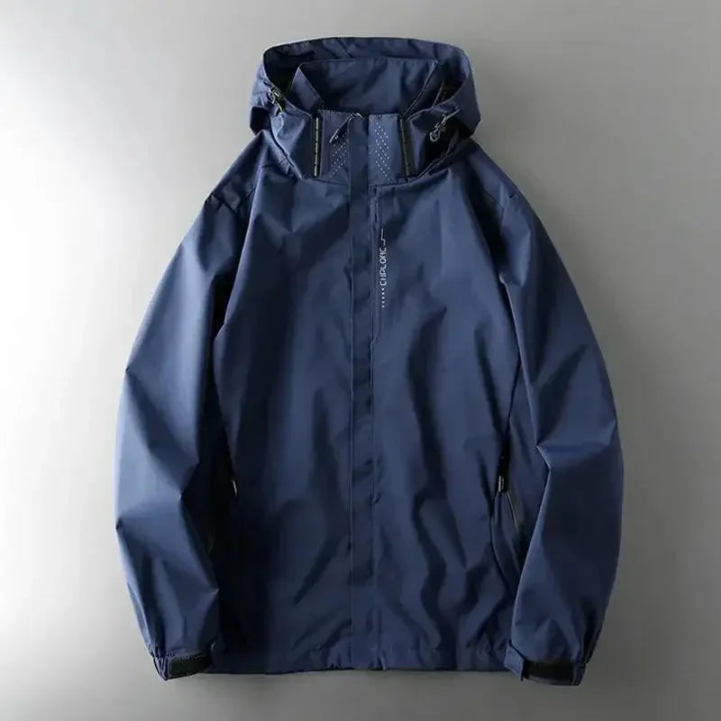Rovelli blue waterproof hooded jacket with front zipper on neutral background