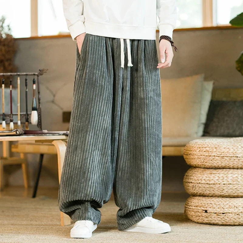 Rovelli wide-leg gray corduroy pants with drawstring, casual indoor setting