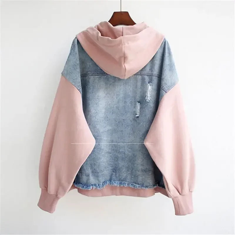 Rovelli two-tone denim and pink hoodie with distressed details, back view