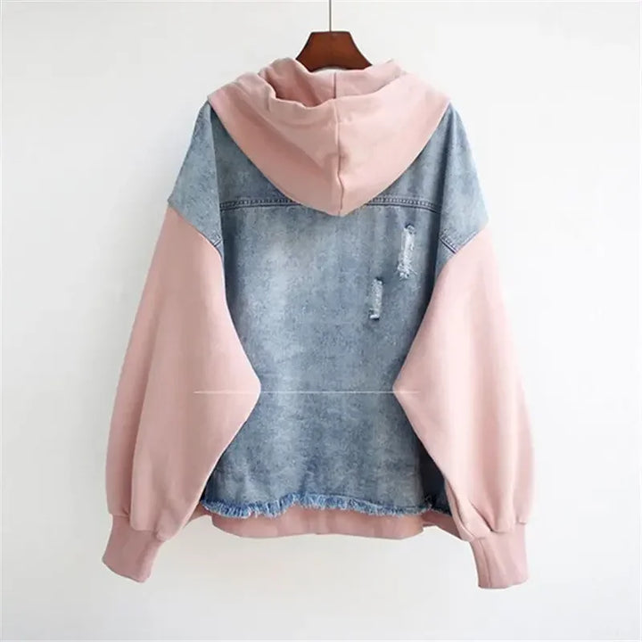 Rovelli two-tone denim and pink hoodie with distressed details, back view