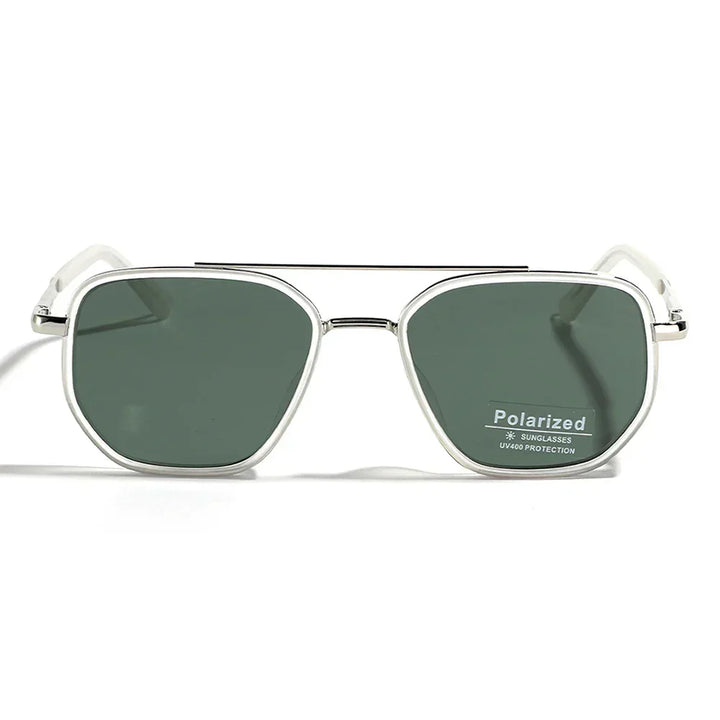 Silver-framed sunglasses with dark rectangular lenses in a sleek retro style, featuring a thin bridge and UV400 protection text on the right lens. The TR90 Polarized Sunglasses are displayed on a white background.