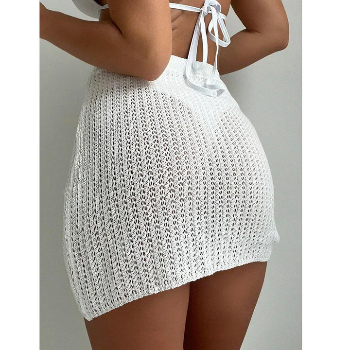 White crochet knit mini skirt with open back bikini top, Rovelli fashion style