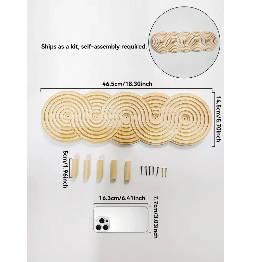 Rovelli wooden wall decor kit with spiral pattern, assembly parts, and measurement details