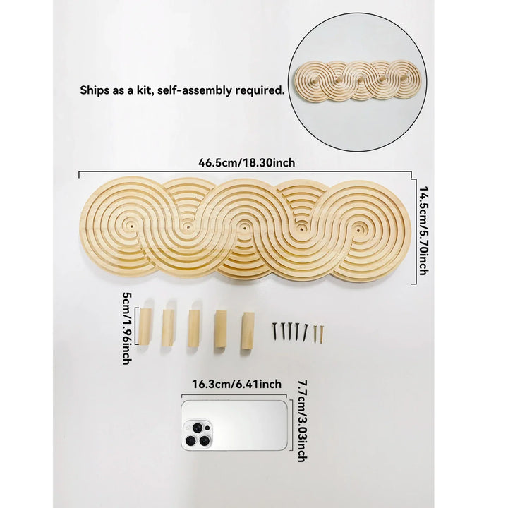 Rovelli wooden wall decor kit with spiral pattern, assembly parts, and measurement details