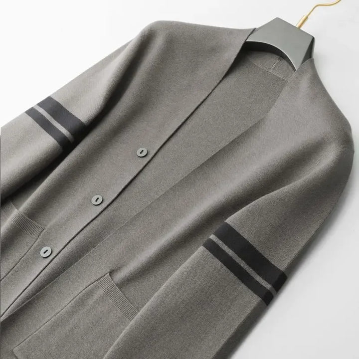 Rovelli men's grey knit cardigan with black sleeve stripes and front buttons on hanger