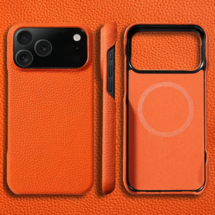 Rovelli orange leather iPhone case MagSafe compatible, close-up on textured surface