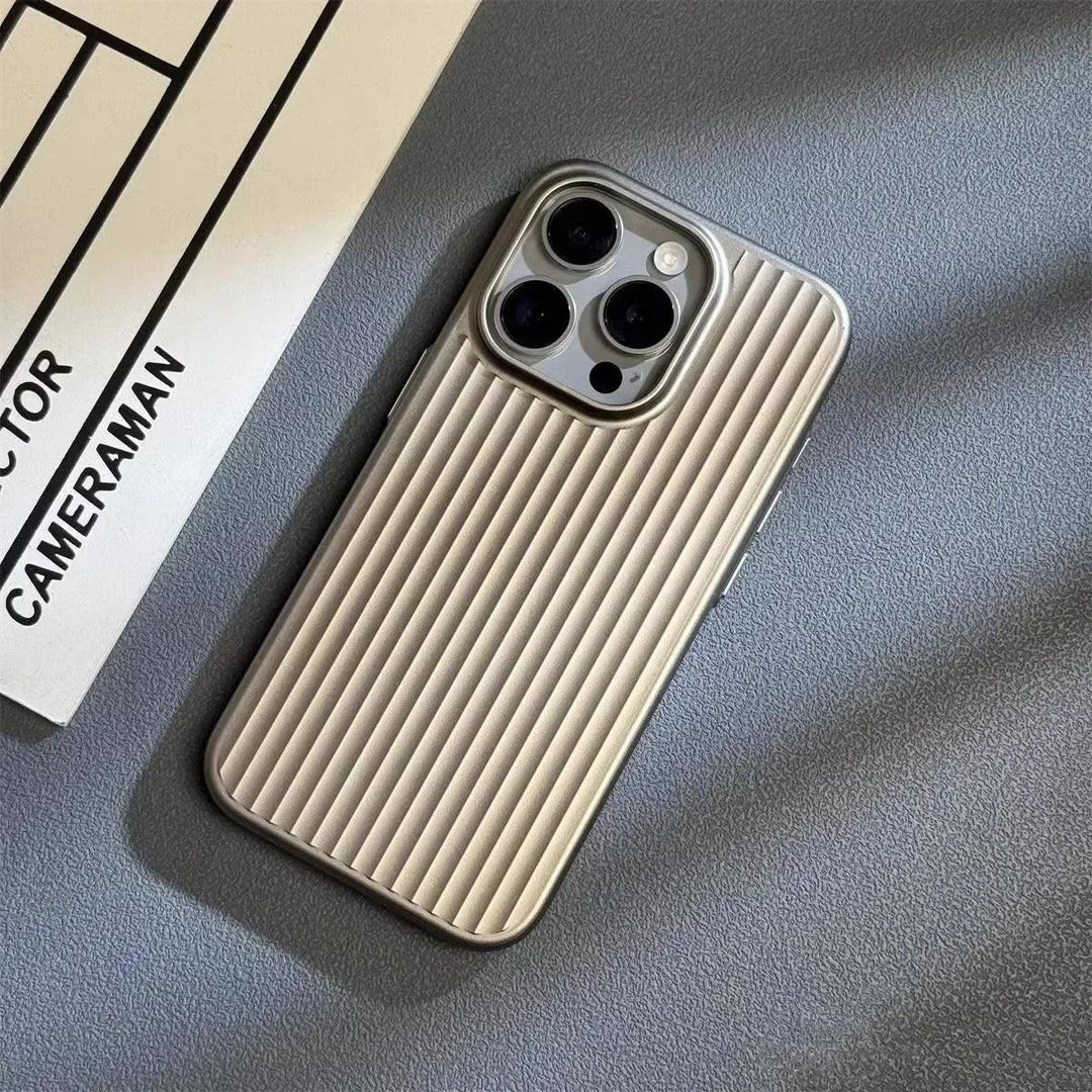 Rovelli ribbed metallic phone case on smartphone, modern textured design on desk