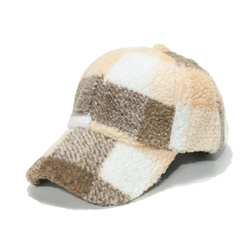 Rovelli plaid sherpa baseball cap in beige, brown, and white textured fleece fabric