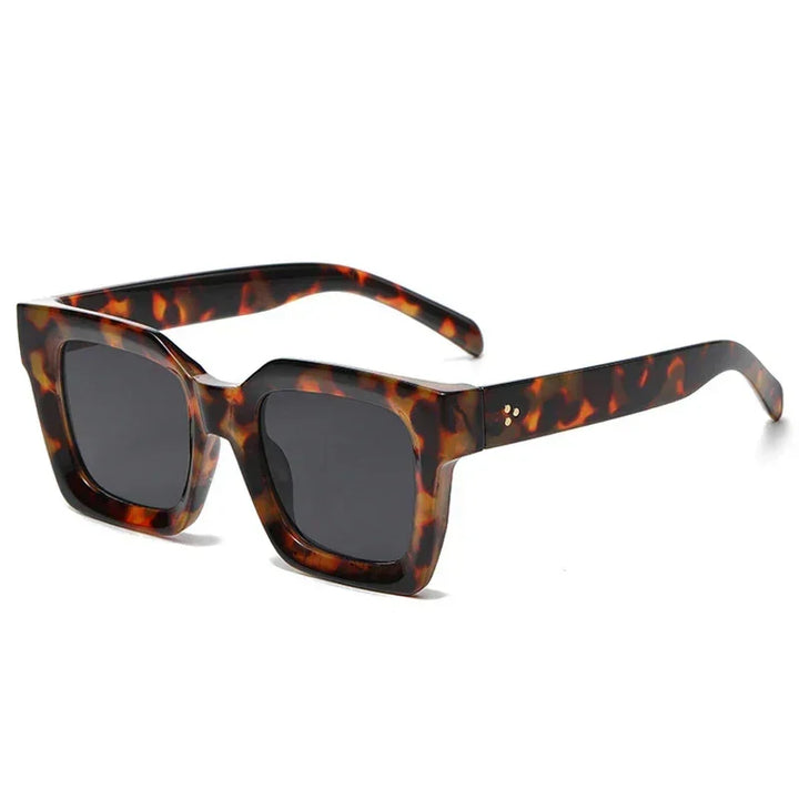 A pair of square-framed sunglasses with thick, brown and black tortoiseshell acetate frames and dark tinted lenses offering UV protection, displayed on a white background.