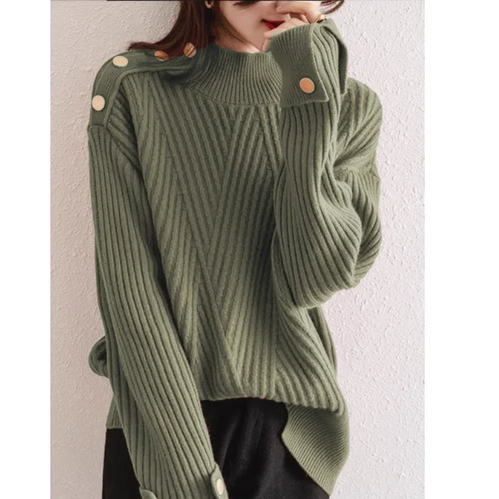 Rovelli ribbed knit green sweater with gold button details on shoulder and sleeve
