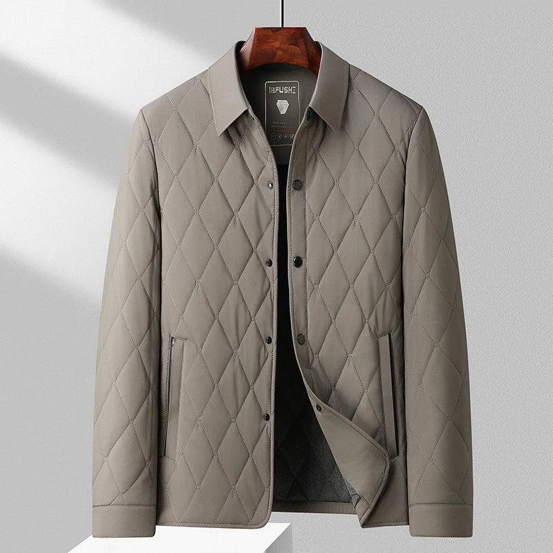Rovelli light gray quilted men's jacket with diamond pattern on hanger
